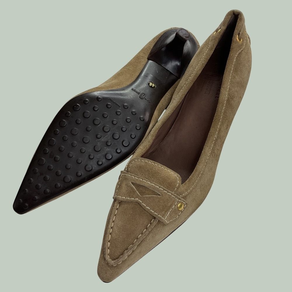 Car Shoe‎ Italy Womens 40 US 9.5 Tan Suede Pointed Toe Kitten Heel Loafer Pumps